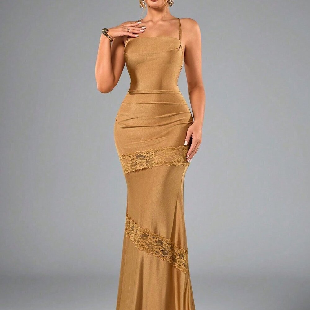 Khaki Elegant Women's Backless Dress - Picture 4 of 6